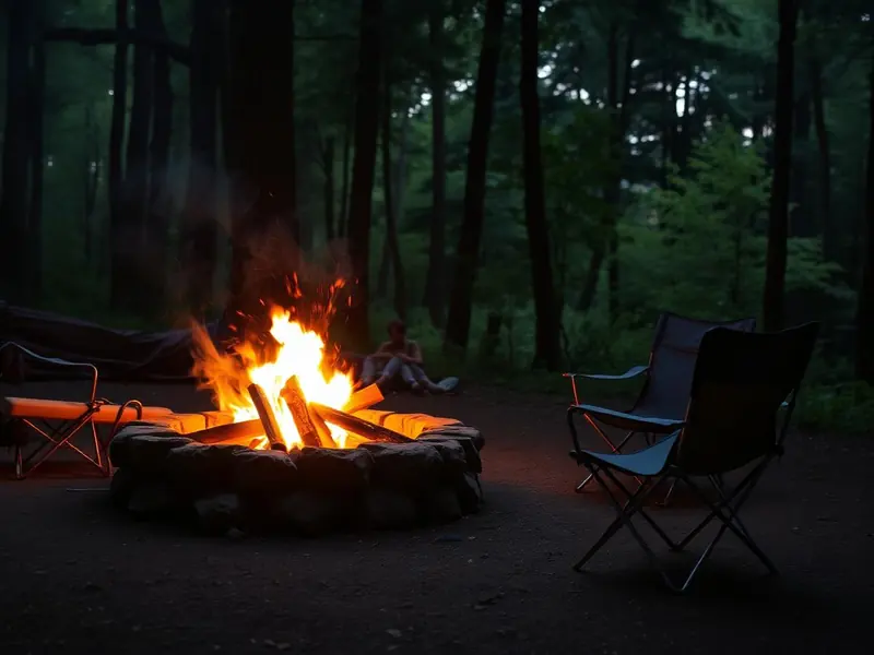 A Host and guests talking beside a firepit at a small private campsite in the evening
